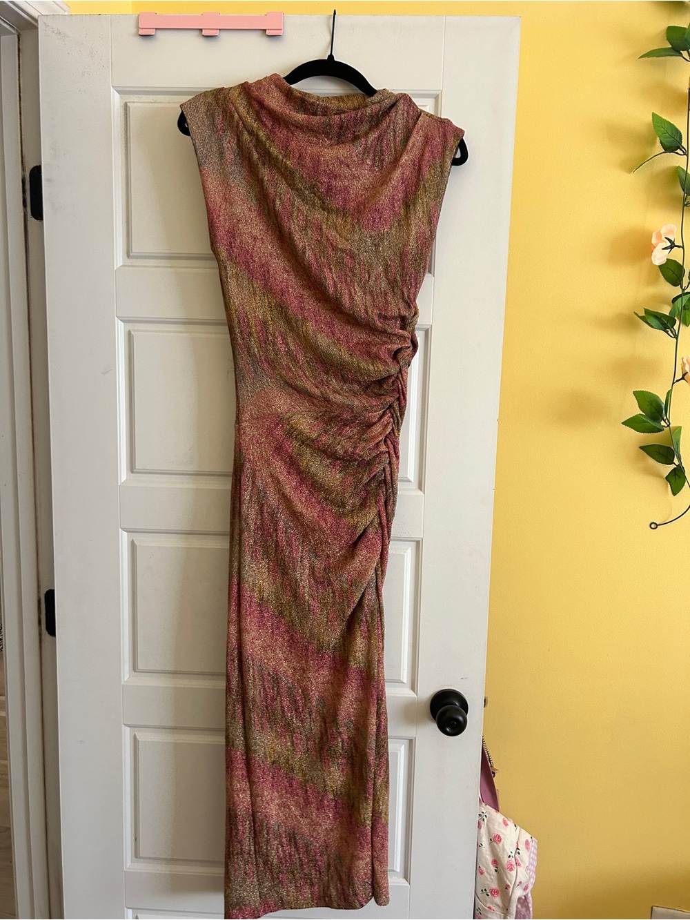 fab'rik Pink and Olive Ruched Side Maxi Dress